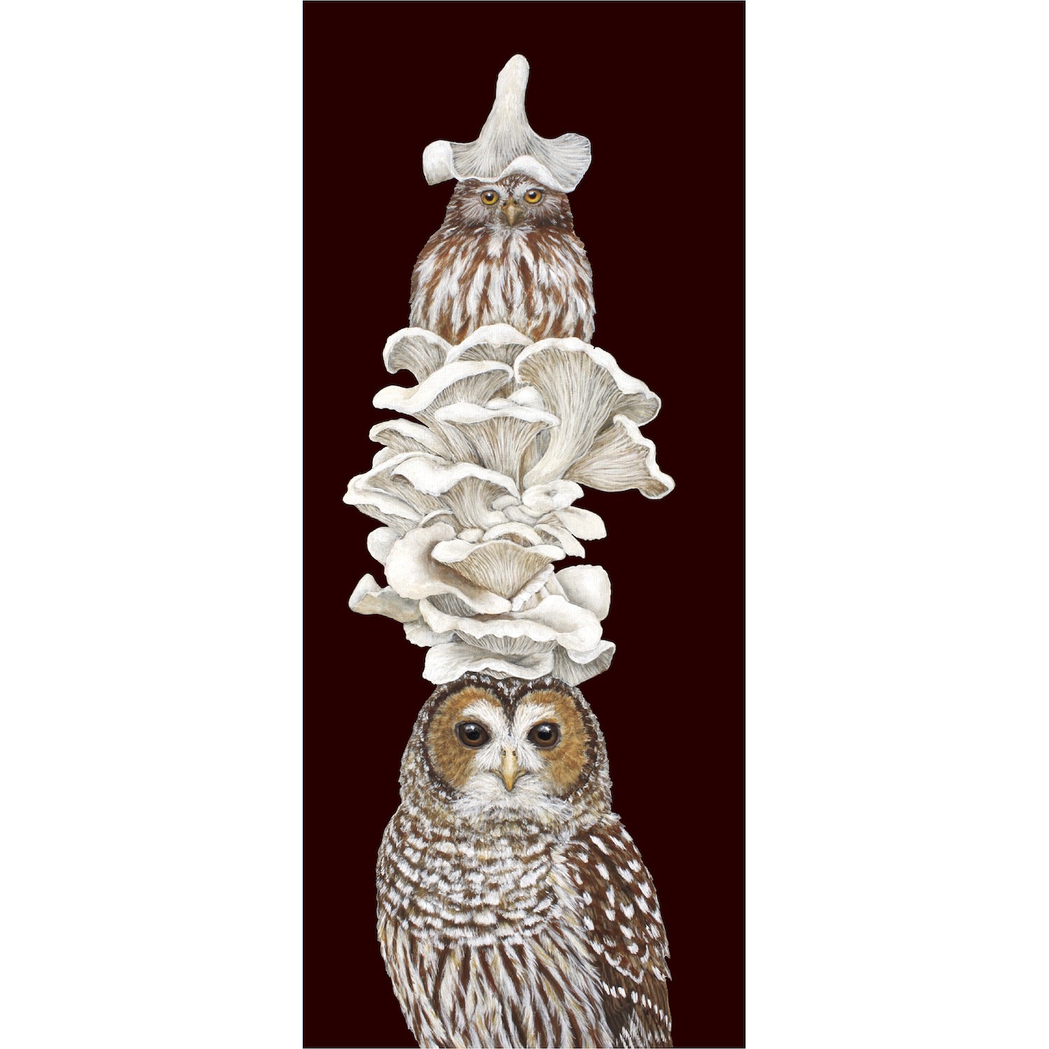 A dark brown greeting card featuring a charming illustration of two tawny owls stacked high with white mushrooms.