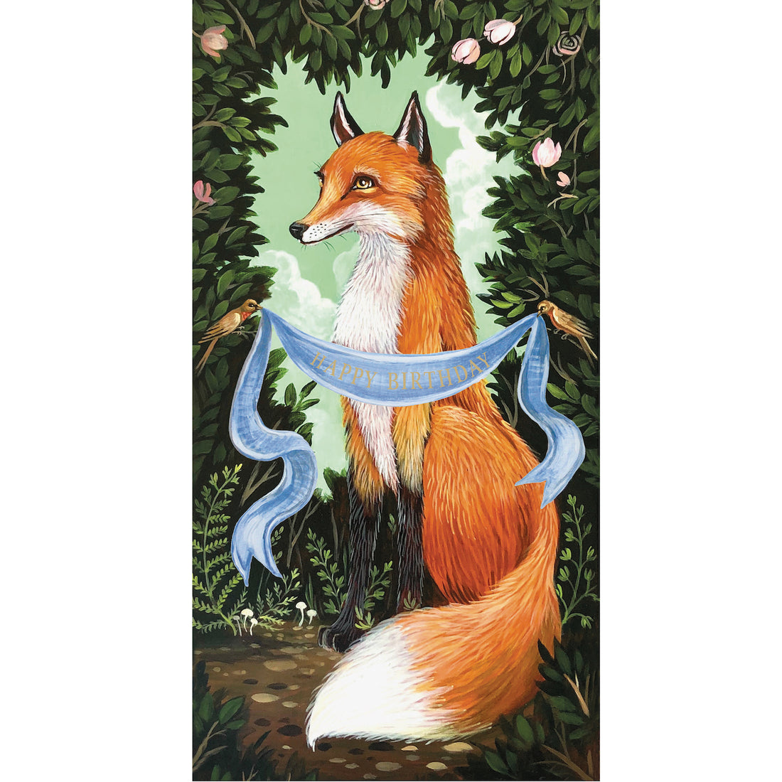 A whimsical illustration of an orange and white fox sitting amongst lush forest greenery, with two birds on either side holding up a blue banner reading &quot;HAPPY BIRTHDAY&quot; in gold stretched in front of the fox.