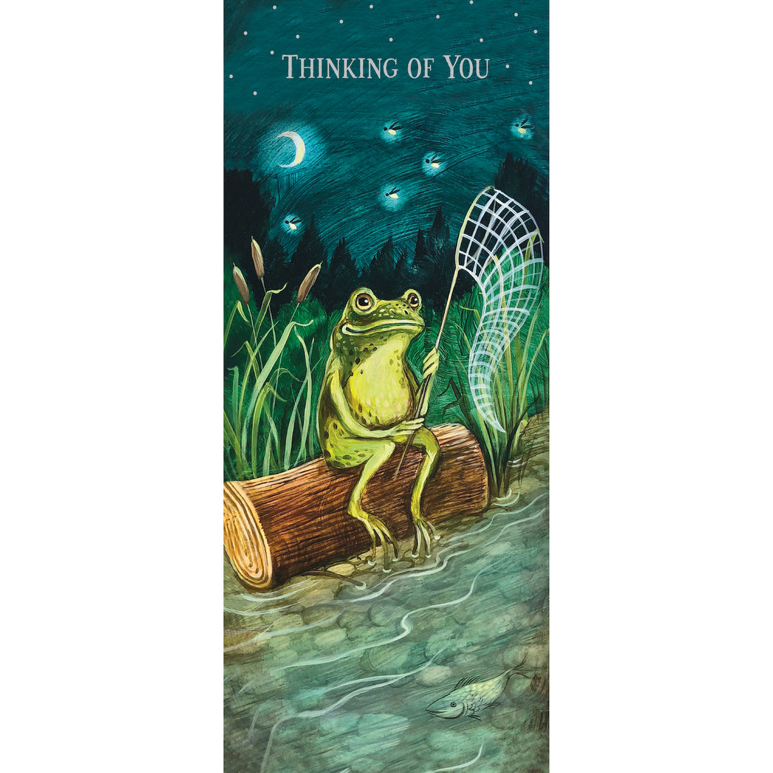 A whimsical illustration of a green frog sitting on a log next to a pond at night, holding a bug net as glowing fireflies drift above the frog&