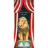 A whimsical illustration of a lion with a large mane sitting on a circus pedestal, surrounded by red and white striped curtains and a starry sky behind him, with the message "YOU&