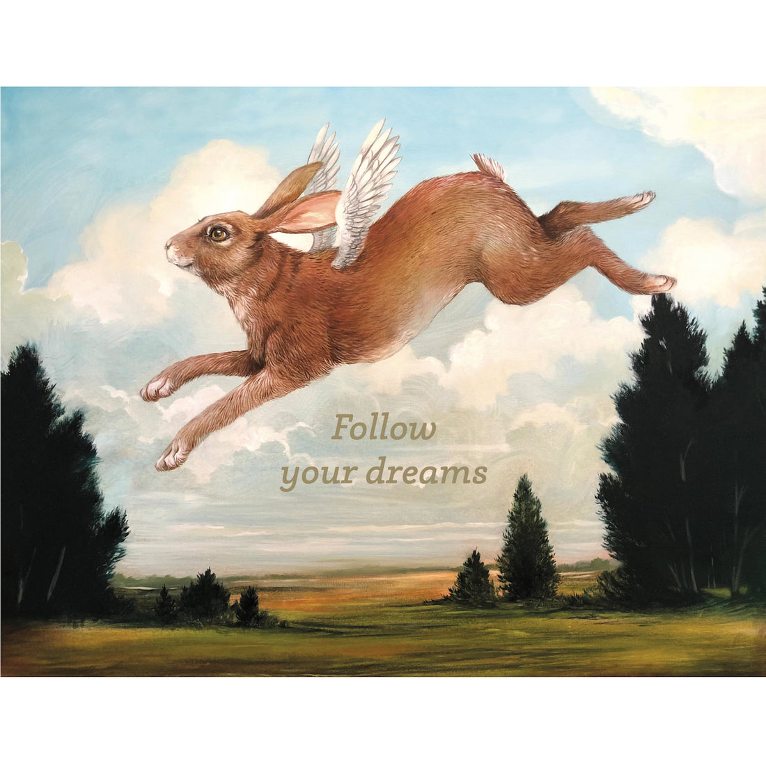 A whimsical illustration of a brown ribbon with small white wings flying through a cloudy blue sky over a green landscape, with &quot;Follow your dreams&quot; printed in gold below the rabbit.