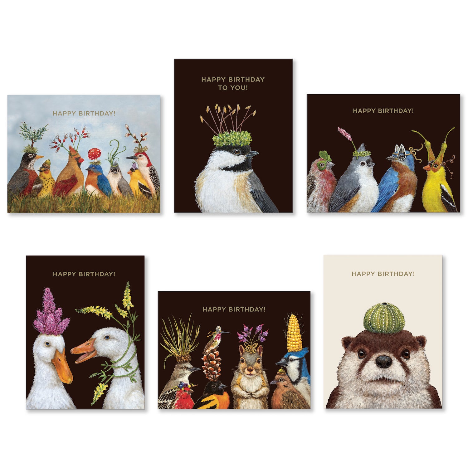 A collection of six birthday cards featuring illustrated animals and plants on each, with &