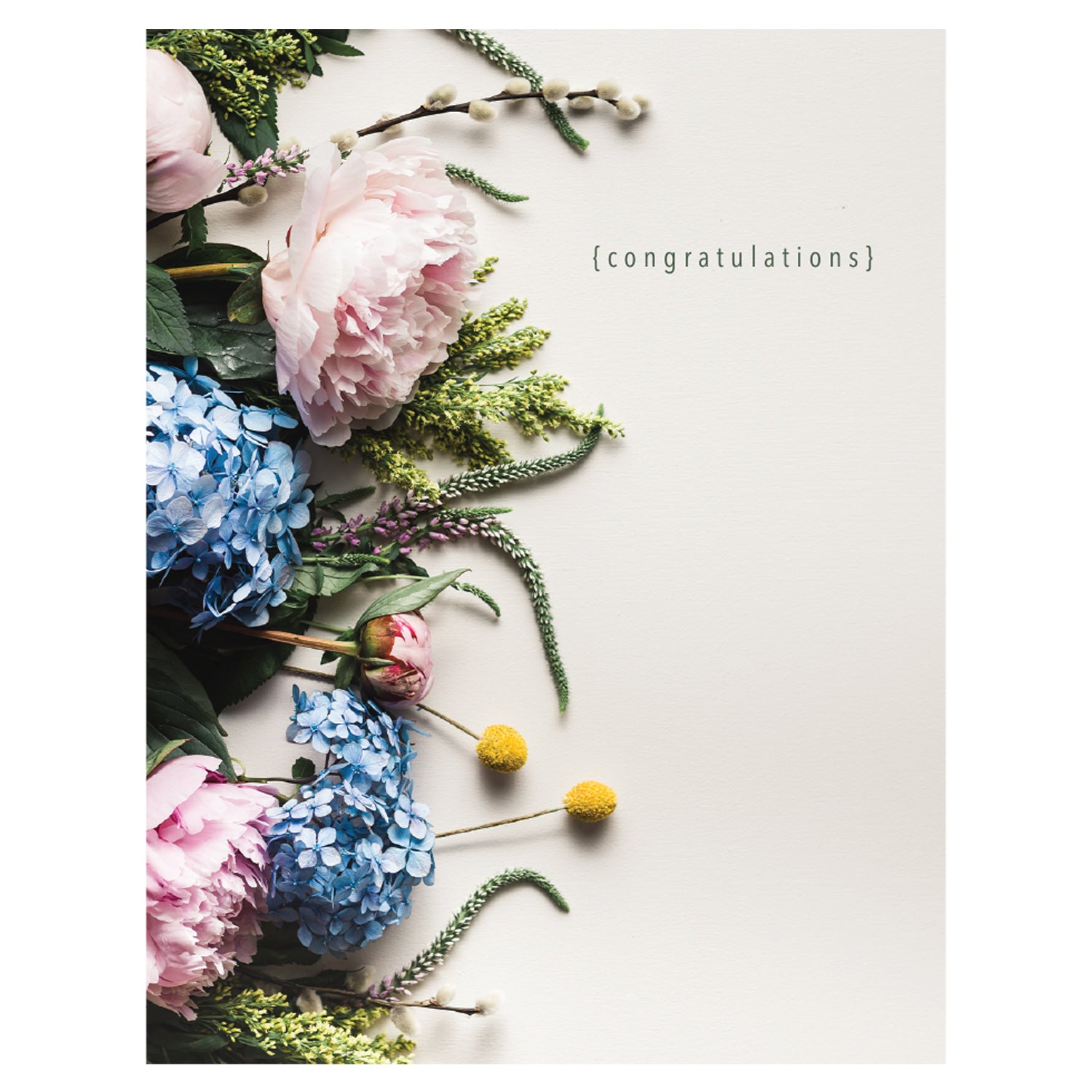 A photo of various flowers and botanicals in blue, pink, green and yellow entering the frame from the left side of the off-white background with "{congratulations}" printed in the top right.