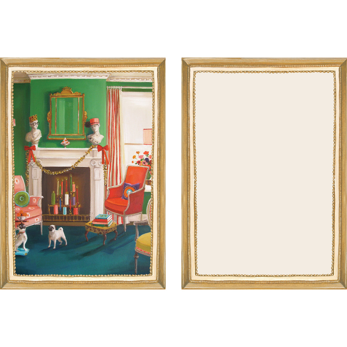 The illustrated front and blank back of a Flat Note, both sides framed in gold, featuring a painterly illustration of a Christmas decorated luxurious living room with two pugs.