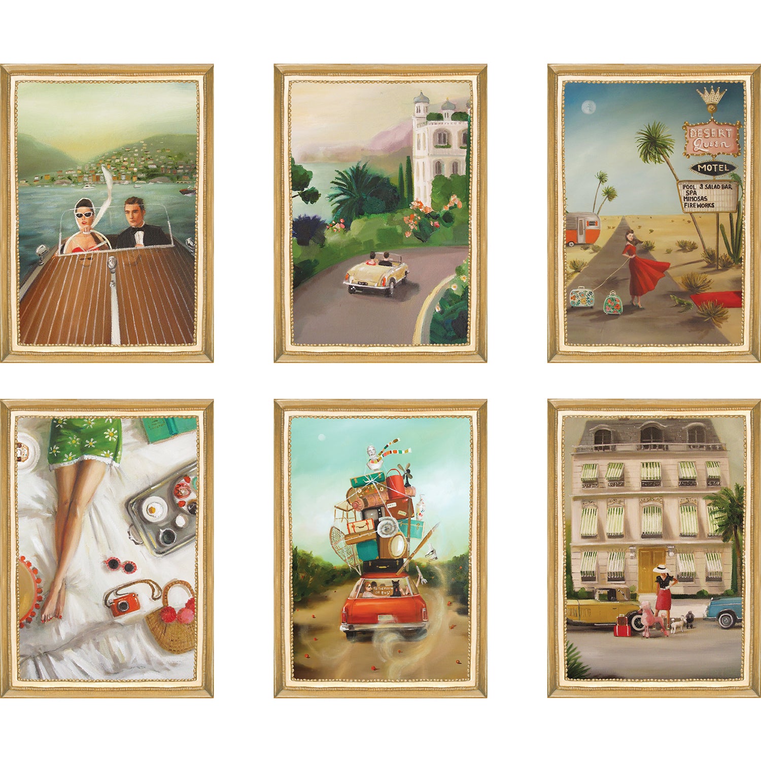 A set of six Jet Setter Flat Notes by Hester &amp; Cook featuring various painterly scenes of travel and adventure.
