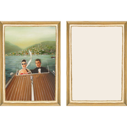 The illustrated front and blank back of a Flat Note, both sides framed in gold, featuring a painterly illustration of a man and woman in vintage-style clothes driving a boat through a lake with a hillside village in the far background. 