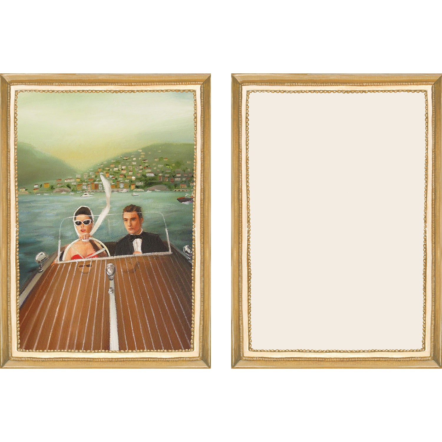 The illustrated front and blank back of a Flat Note, both sides framed in gold, featuring a painterly illustration of a man and woman in vintage-style clothes driving a boat through a lake with a hillside village in the far background.