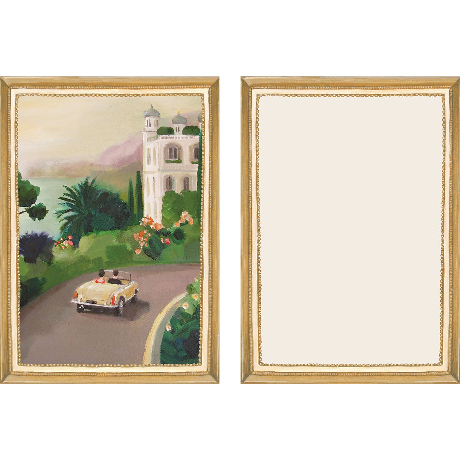 The illustrated front and blank back of a Flat Note, both sides framed in gold, featuring a painterly illustration of a man and woman driving a vintage-style car through a lush countryside with a tall white estate in the distance.