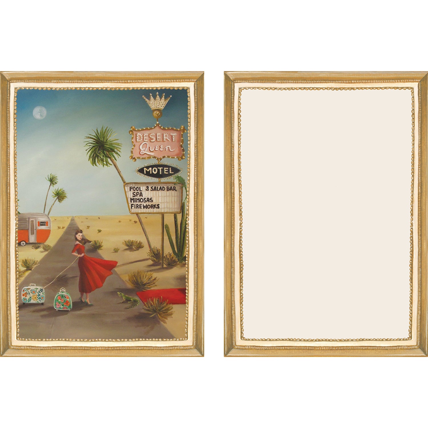 The illustrated front and blank back of a Flat Note, both sides framed in gold, featuring a painterly illustration of a woman in a red dress pulling her suitcase across a desert road toward a sign that reads &quot;Desert Queen Motel&quot;.