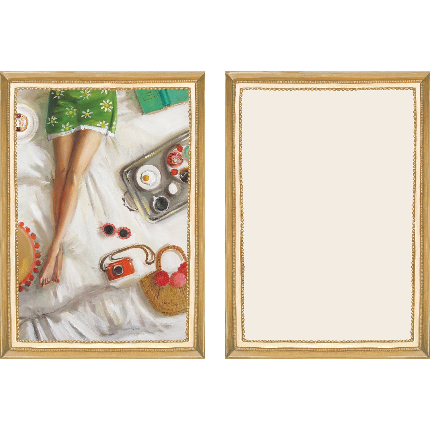 The illustrated front and blank back of a Flat Note, both sides framed in gold, featuring a painterly illustrated top-down view of a woman&