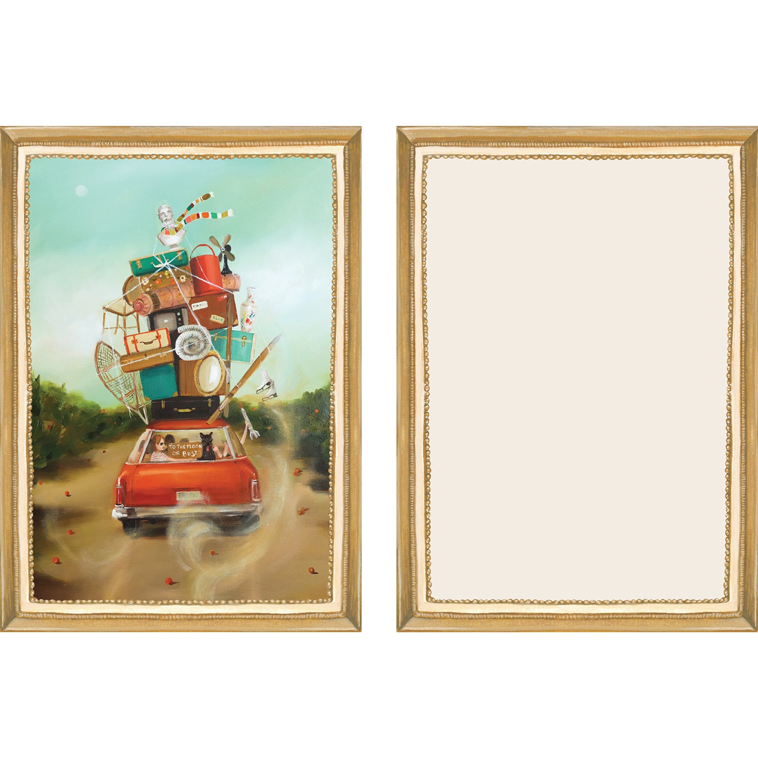 The illustrated front and blank back of a Flat Note, both sides framed in gold, featuring a painterly illustration of a vintage red car driving away from view, loaded high with suitcases and various recreational gear.