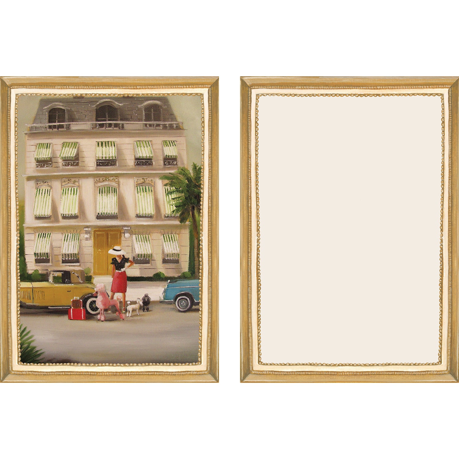A set of six framed pictures with a Jet Setter Flat Note Boxed Set of 6 Cards from Hester &amp; Cook in the background, embodying travel-inspired artwork.