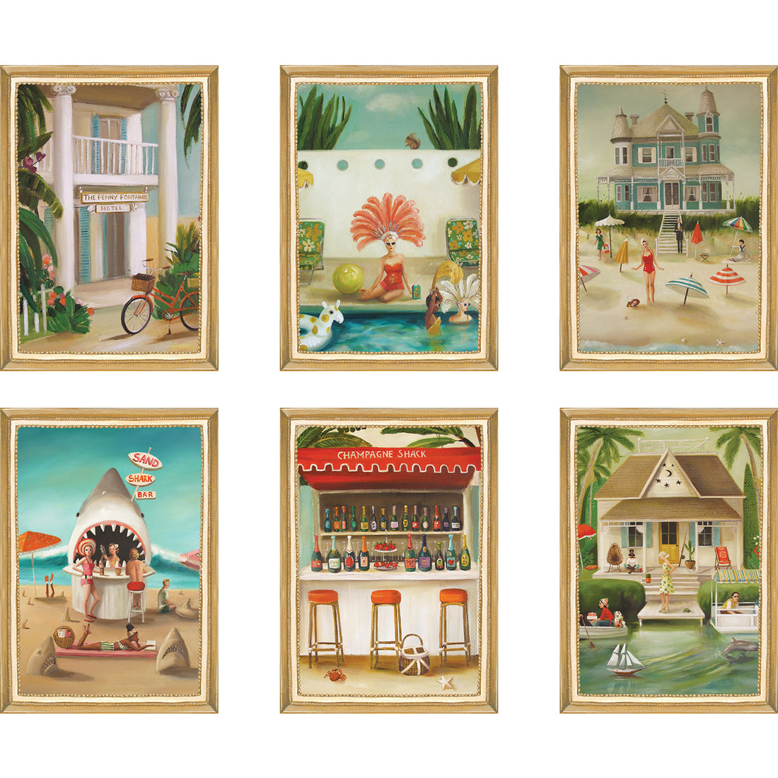 A set of luxurious On Holiday Flat Note Boxed Set of 6 Cards featuring a beach house and a shark inspired by Janet Hill&