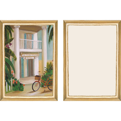 The illustrated front and blank back of a Flat Note, both sides framed in gold, featuring a painterly illustration of a bicycle parked in front of a grand hotel surrounded by lush greenery.