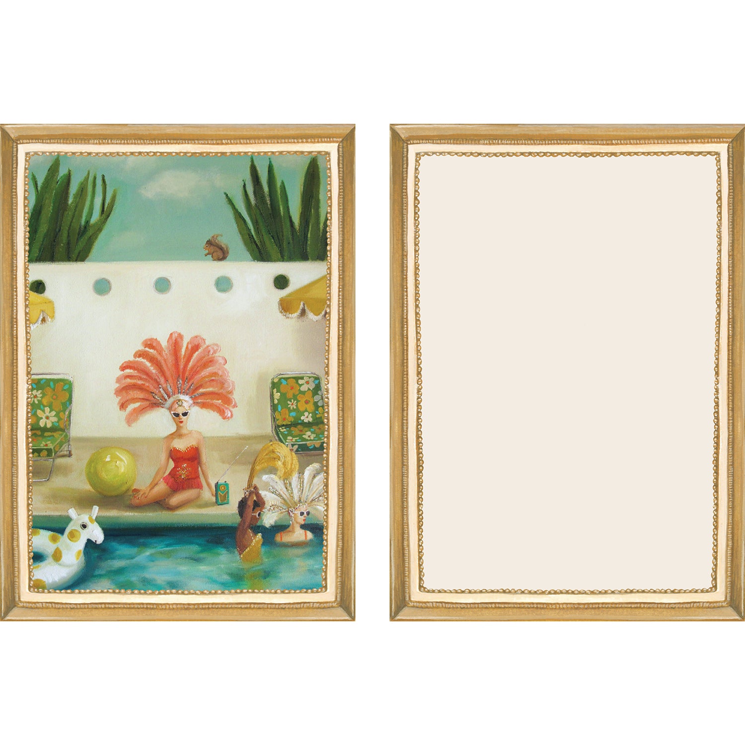 The illustrated front and blank back of a Flat Note, both sides framed in gold, featuring a painterly illustration of a woman in a red swimsuit and huge feather showgirl headdress resting by a resort-style swimming pool with other showgirls. 