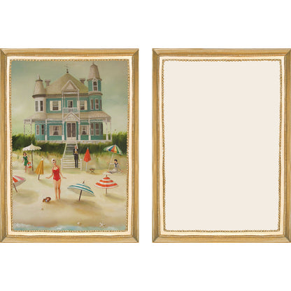 The illustrated front and blank back of a Flat Note, both sides framed in gold, featuring a painterly illustration of vacationers on a beach with a huge estate in the background.