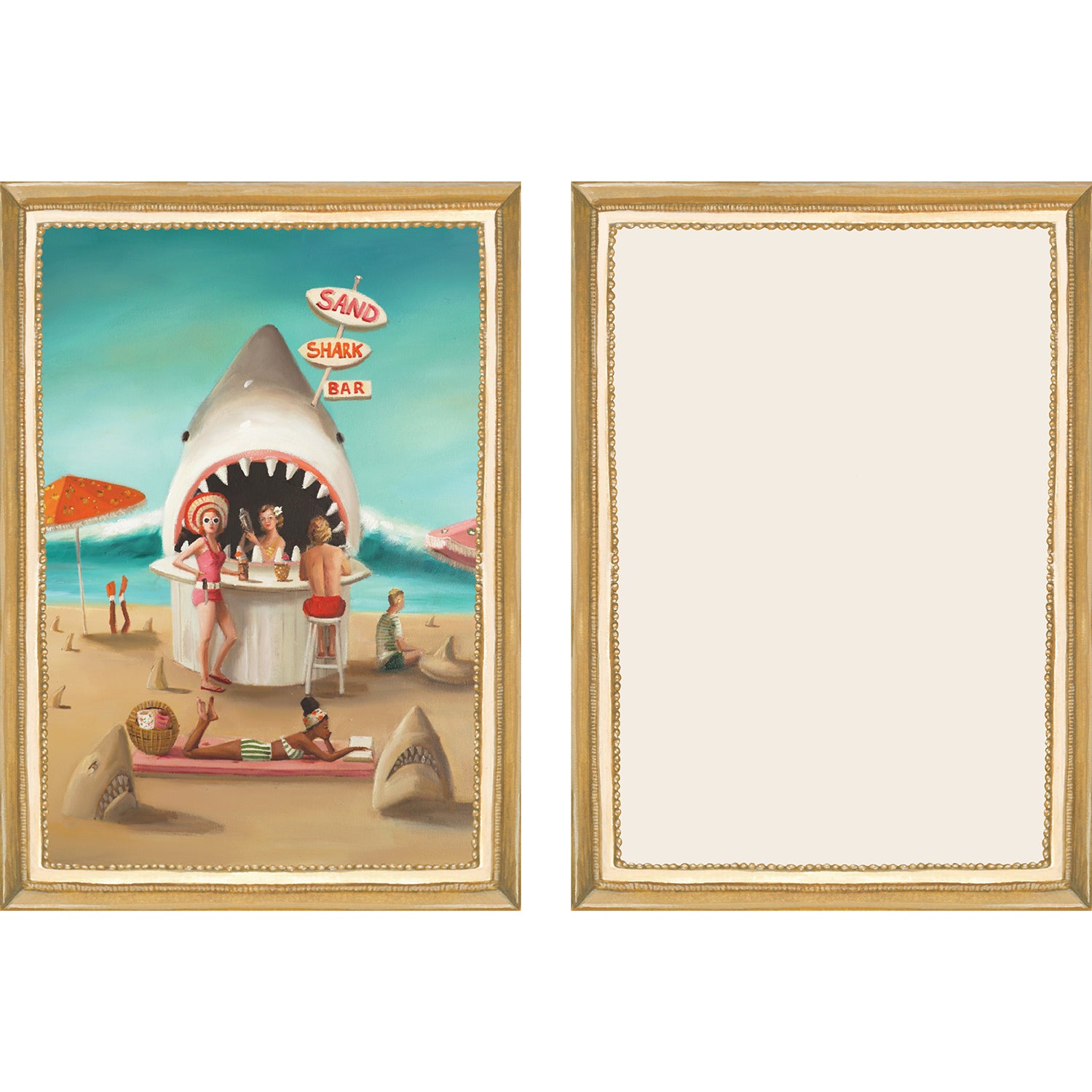 The illustrated front and blank back of a Flat Note, both sides framed in gold, featuring a painterly illustration of patrons ordering drinks at the "Sand Shark Bar", shaped like the head of a shark, on a sandy beach.