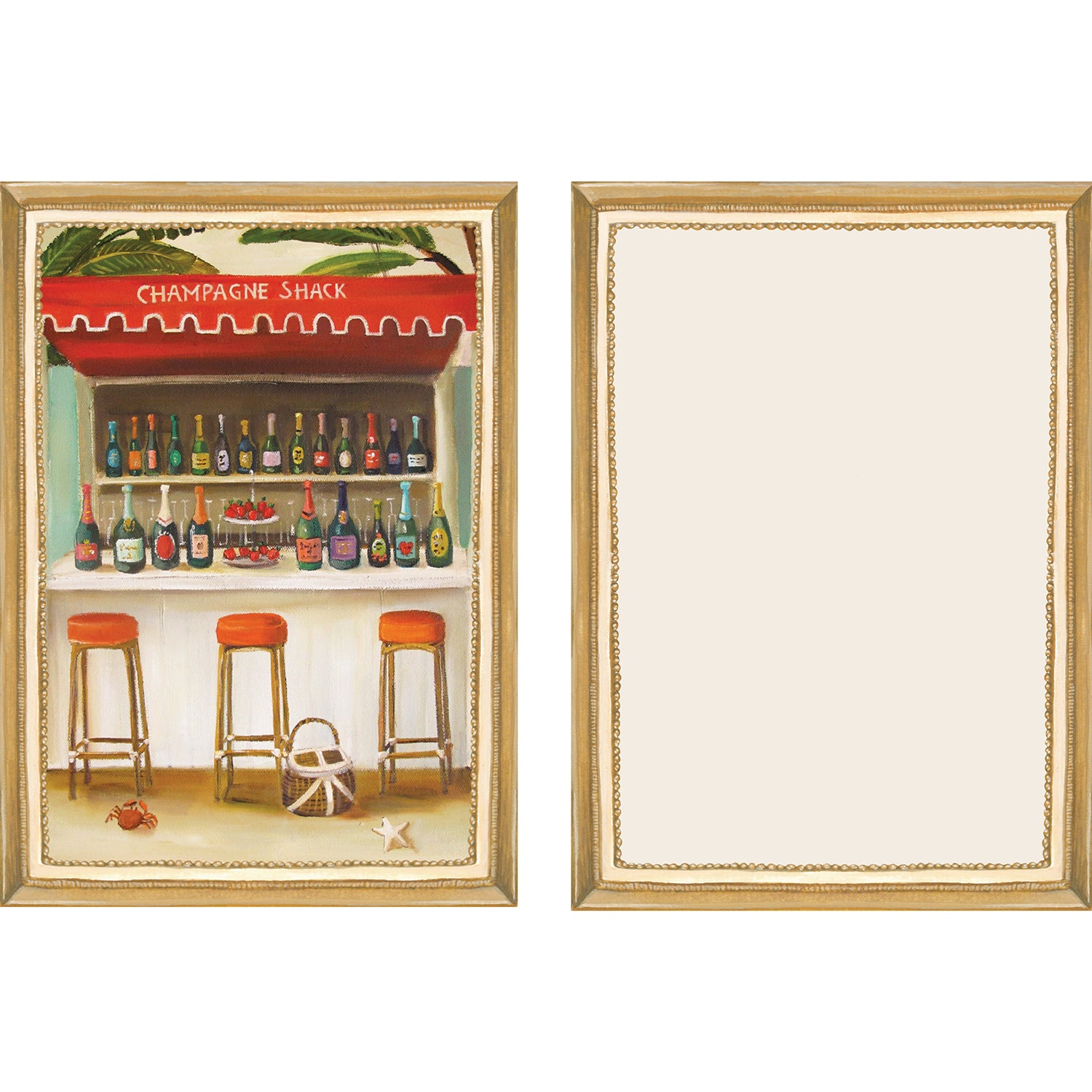 The illustrated front and blank back of a Flat Note, both sides framed in gold, featuring a painterly illustration of a beach bar with a red canopy that reads &quot;Champagne Shack&quot;.