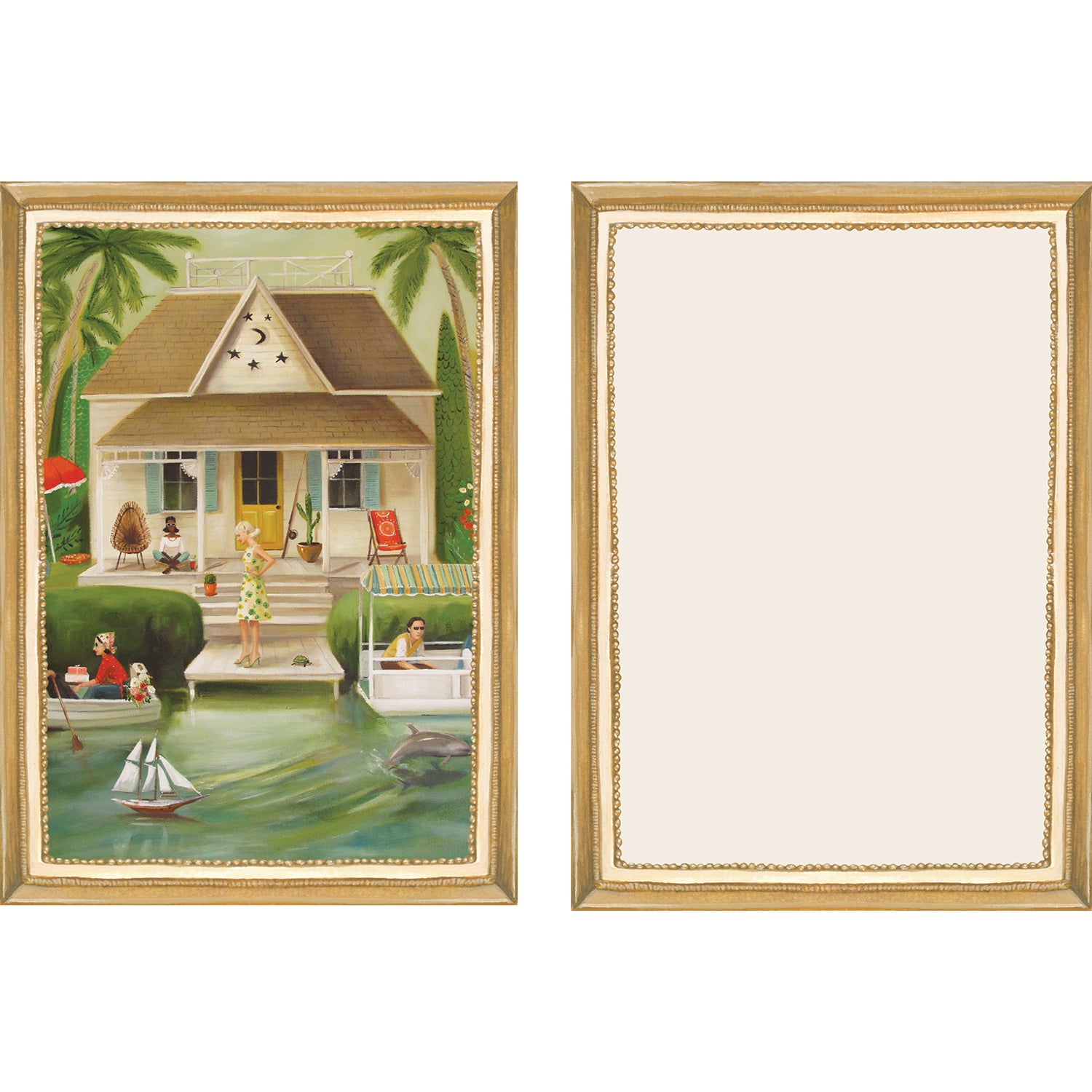 The illustrated front and blank back of a Flat Note, both sides framed in gold, featuring a painterly illustration of a river-side house with folks enjoying the dock and boats.