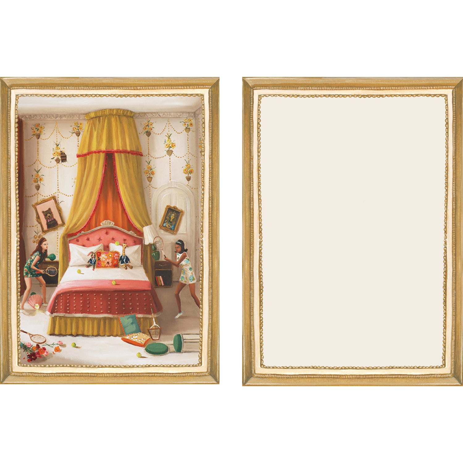 The illustrated front and blank back of a Flat Note, both sides framed in gold, featuring a painterly illustration of two girls in a luxurious bedroom. 