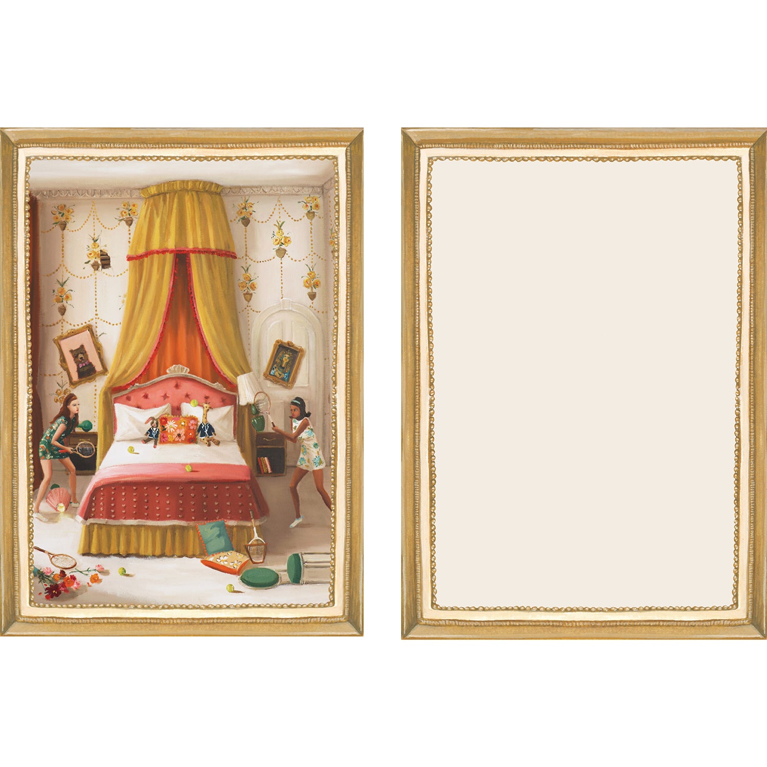 The illustrated front and blank back of a Flat Note, both sides framed in gold, featuring a painterly illustration of two girls in a luxurious bedroom.
