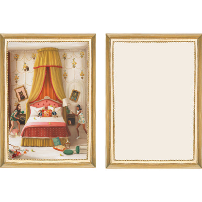 The illustrated front and blank back of a Flat Note, both sides framed in gold, featuring a painterly illustration of two girls in a luxurious bedroom. 