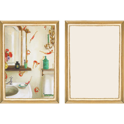 The illustrated front and blank back of a Flat Note, both sides framed in gold, featuring a painterly illustration of a bathroom scene with pool divers patterned on the wallpaper.