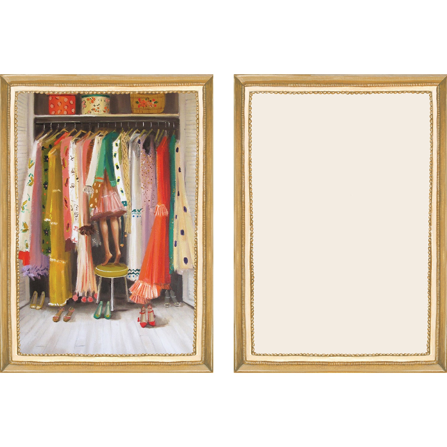 The illustrated front and blank back of a Flat Note, both sides framed in gold, featuring a painterly illustration of a young girl on a stool exploring the luxurious dresses packed into a closet.