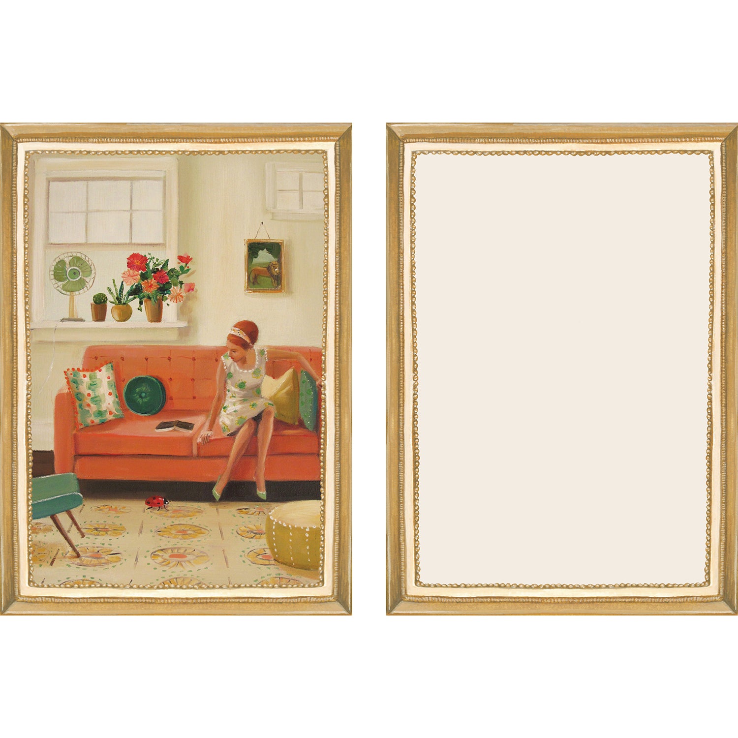 The illustrated front and blank back of a Flat Note, both sides framed in gold, featuring a painterly illustration of a woman sitting on an orange couch in a luxurious living room. 