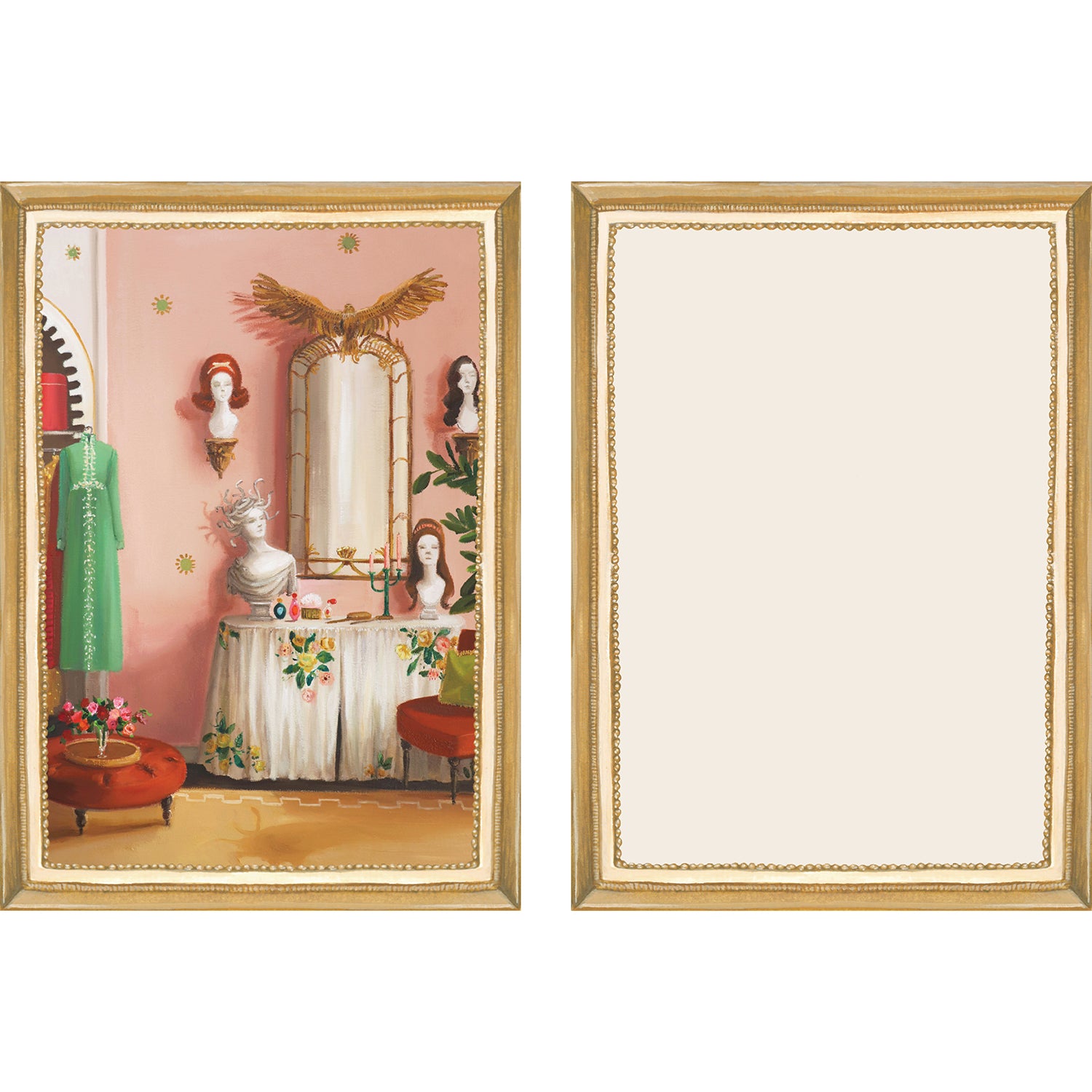 The illustrated front and blank back of a Flat Note, both sides framed in gold, featuring a painterly illustration of a vanity with various wigs on mannequin heads. 