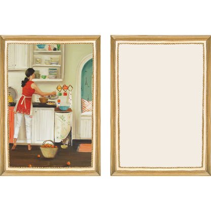 The illustrated front and blank back of a Flat Note, both sides framed in gold, featuring a painterly illustration of a woman preparing a meal in a kitchen.