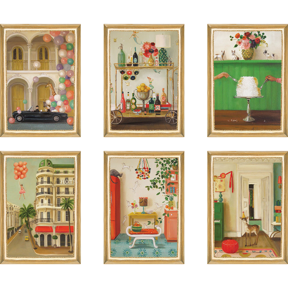 A set of six Hester &amp; Cook Fabulous Fête Flat Note Boxed Set of 6 Cards featuring festive, party-inspired artwork of a living room, dining room, bedroom, and bathroom.