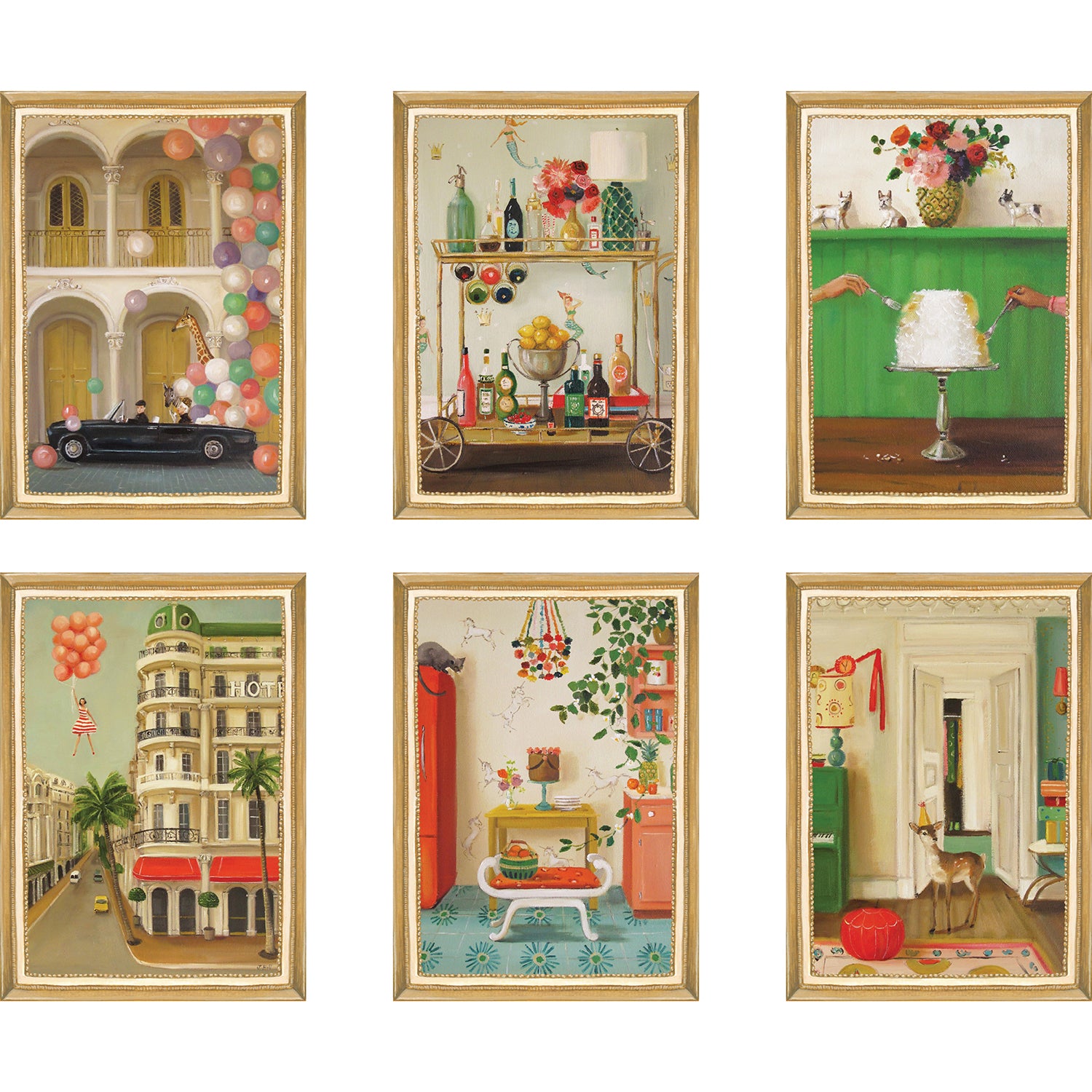 A set of six Hester & Cook Fabulous Fête Flat Note Boxed Set of 6 Cards featuring festive, party-inspired artwork of a living room, dining room, bedroom, and bathroom.