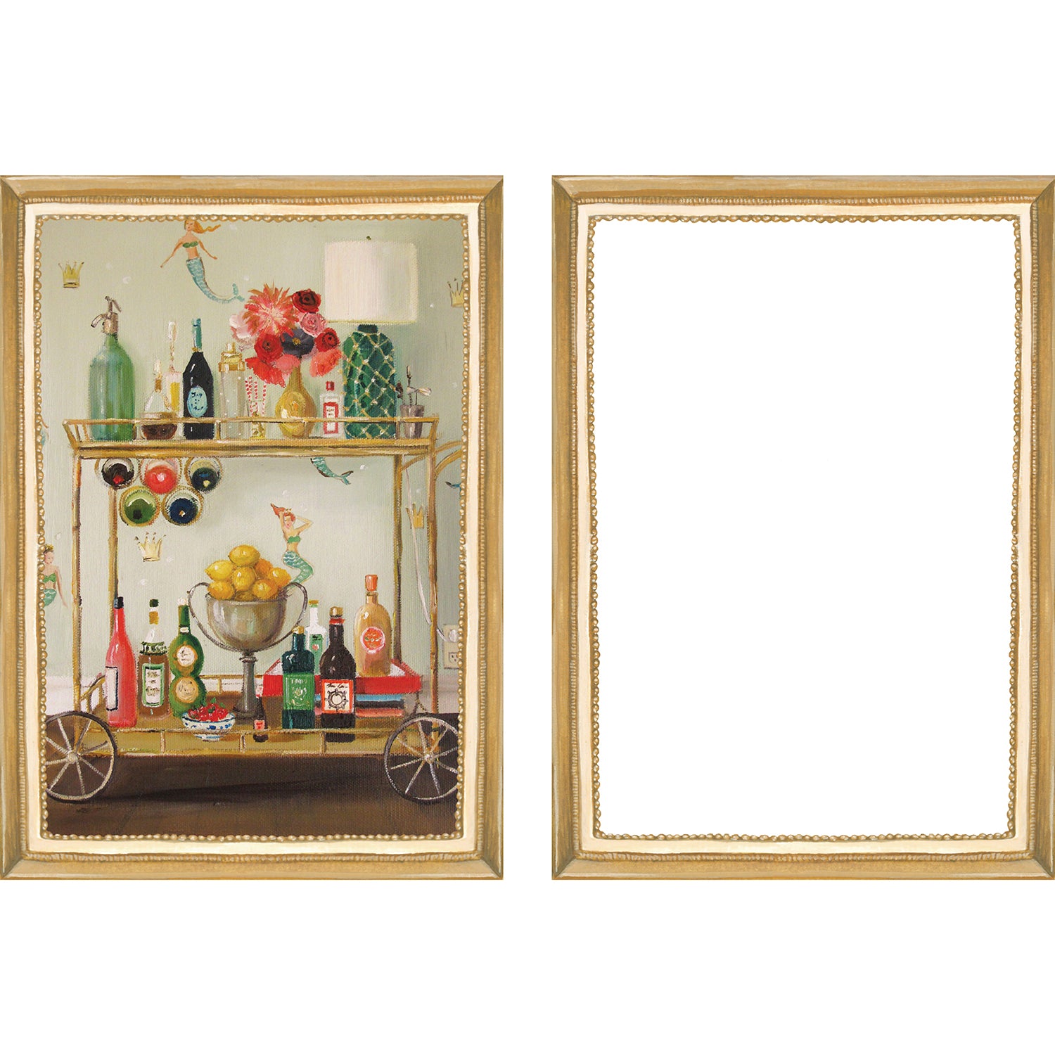 A set of six Hester & Cook Fabulous Fête Flat Note Boxed Set of 6 Cards featuring festive, party-inspired artwork of a living room, dining room, bedroom, and bathroom.