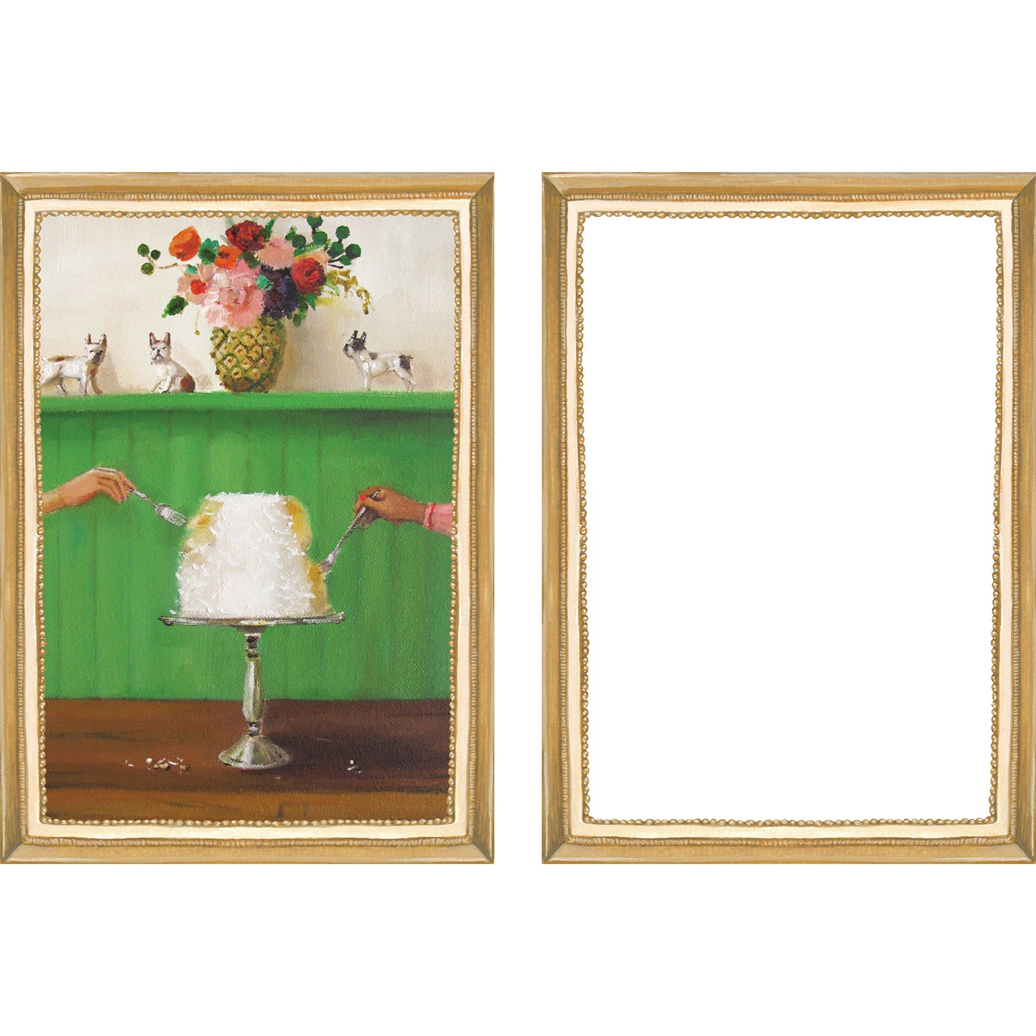 A set of six Hester & Cook Fabulous Fête Flat Note Boxed Set of 6 Cards featuring festive, party-inspired artwork of a living room, dining room, bedroom, and bathroom.