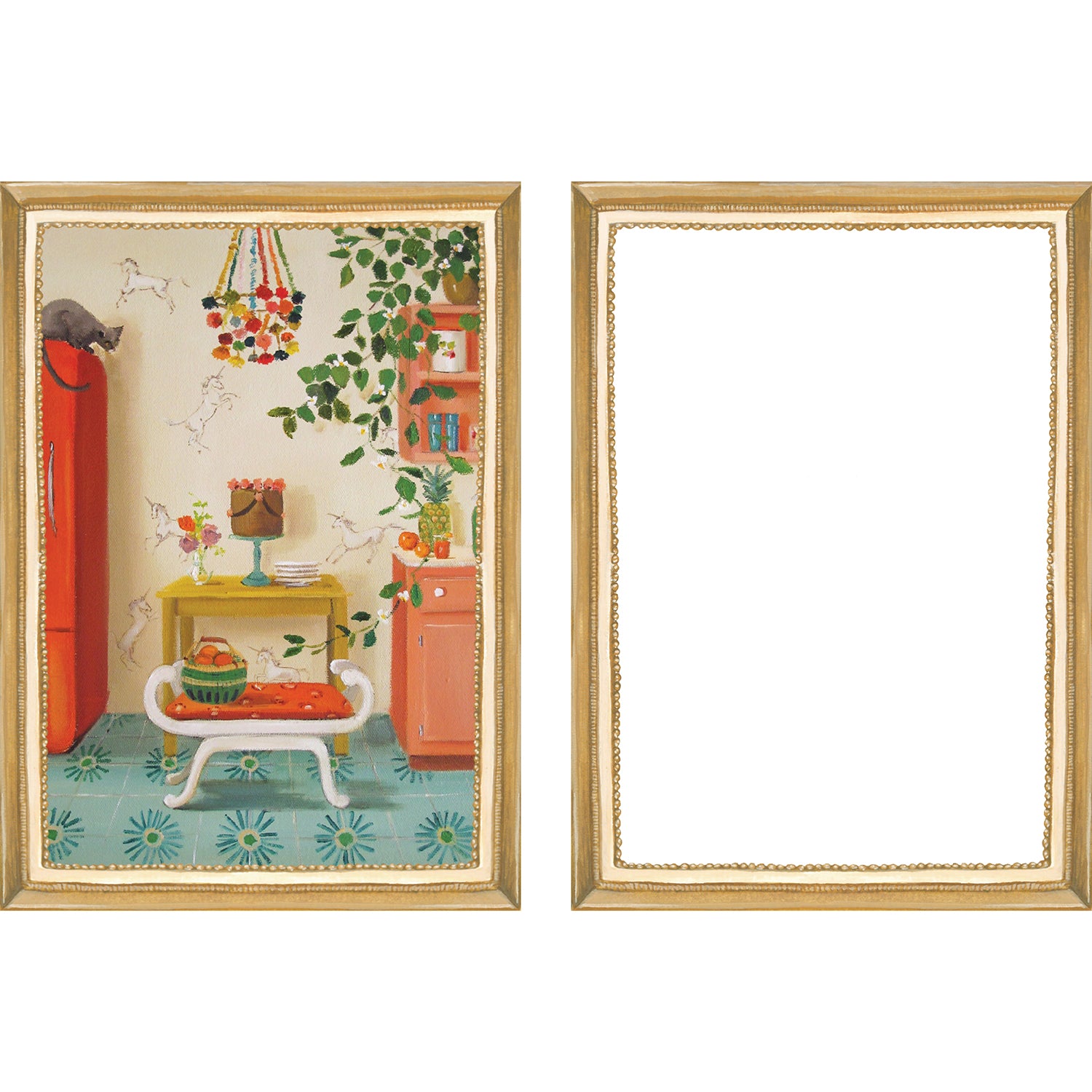 A set of six Hester & Cook Fabulous Fête Flat Note Boxed Set of 6 Cards featuring festive, party-inspired artwork of a living room, dining room, bedroom, and bathroom.