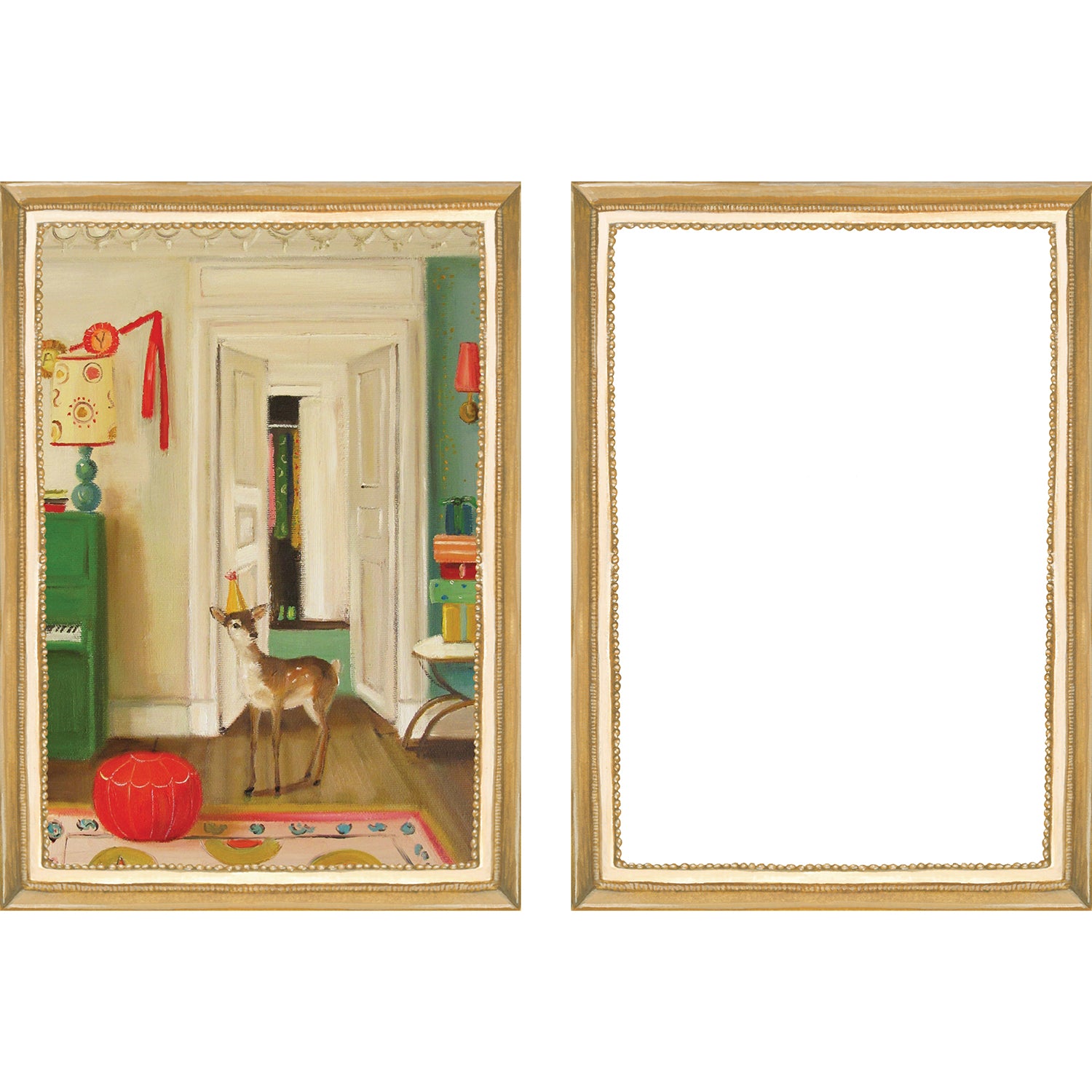 A set of six Hester & Cook Fabulous Fête Flat Note Boxed Set of 6 Cards featuring festive, party-inspired artwork of a living room, dining room, bedroom, and bathroom.