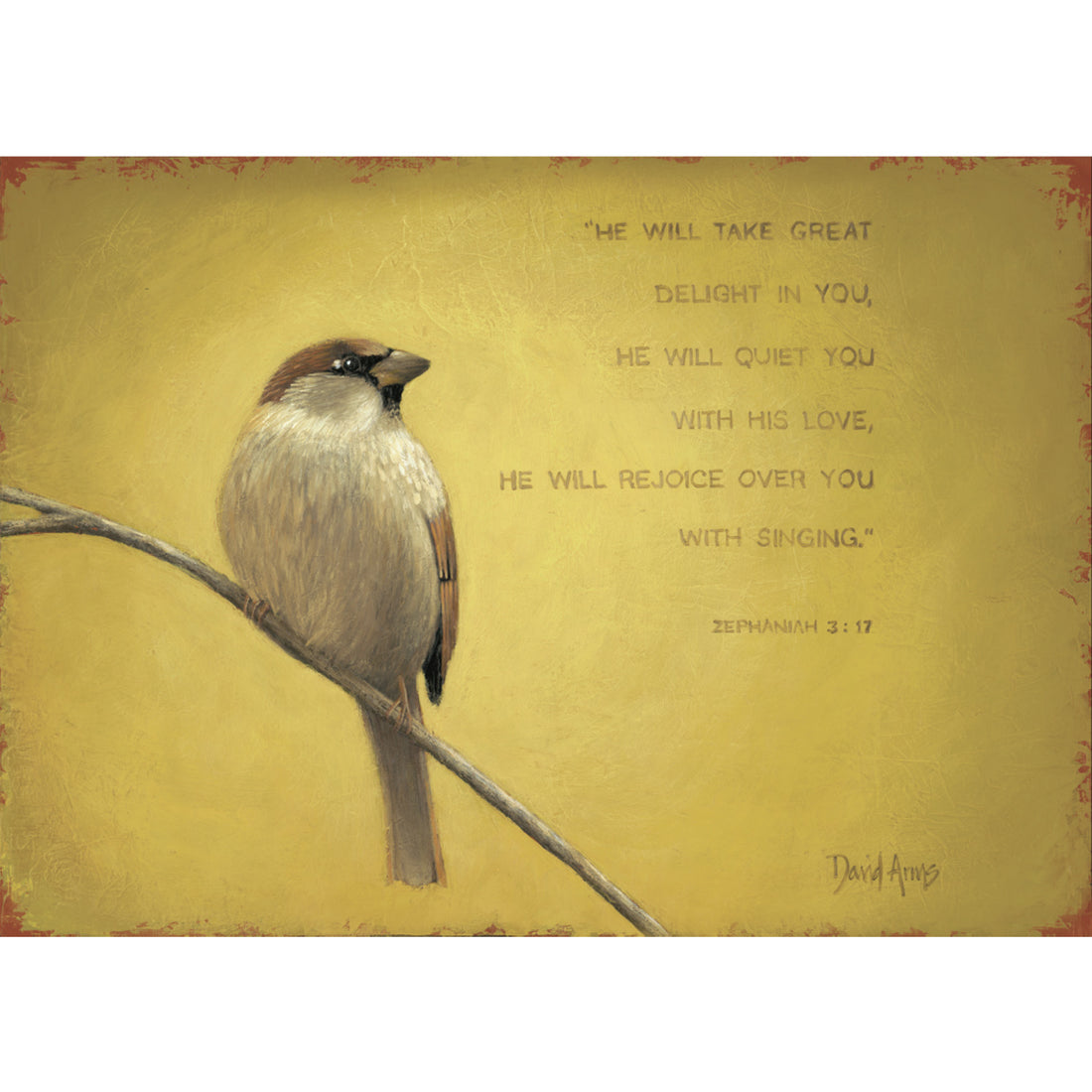 An illustration of a sparrow resting on a twig over a tan-yellow background with the Bible quote &quot;Zephaniah 3:17&quot; printed in brown to the right of the bird.