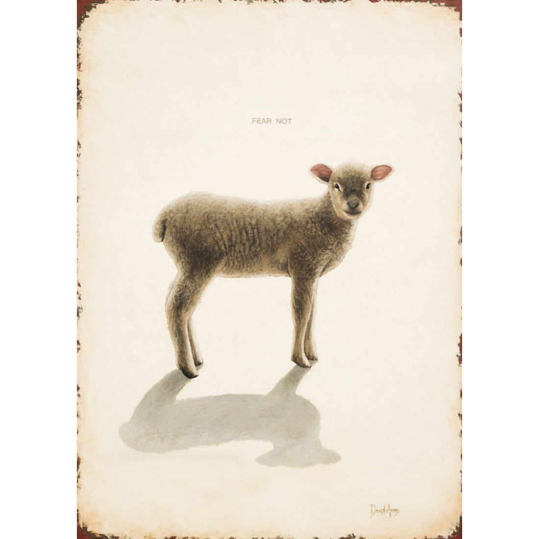 An illustration of a realistic lamb on a tan background with &quot;FEAR NOT&quot; printed in small text above the lamb.
