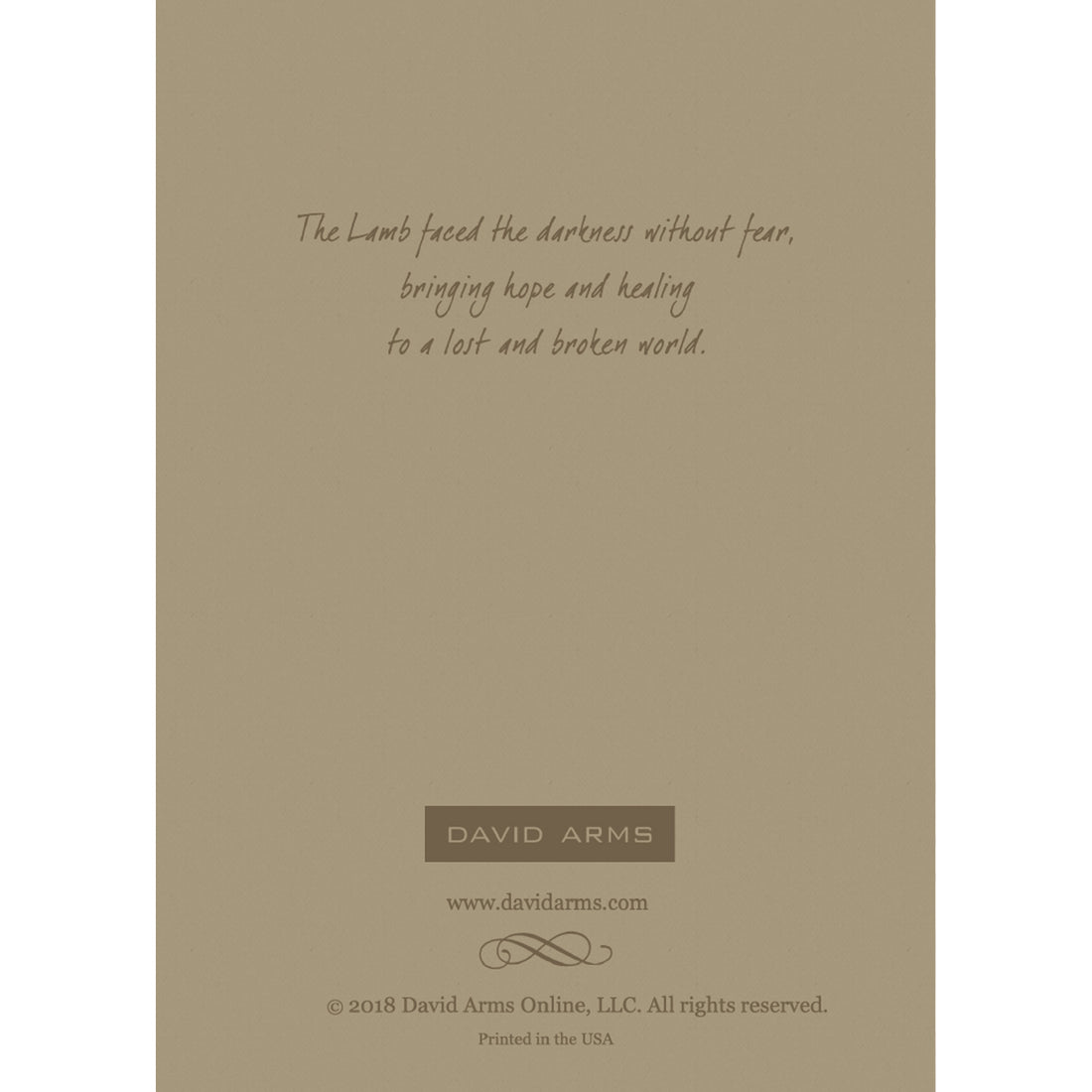The beige back-side of the greeting card featuring a quote from artist David Arms.