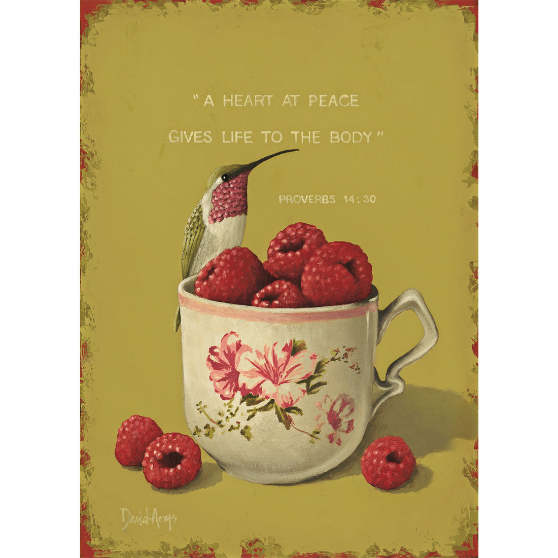 An illustration of a white, red and green hummingbird resting on the edge of a floral tea cup overflowing with red raspberries on an olive green background, with the Bible quote &quot;Proverbs 14:30&quot; printed in white above the bird.