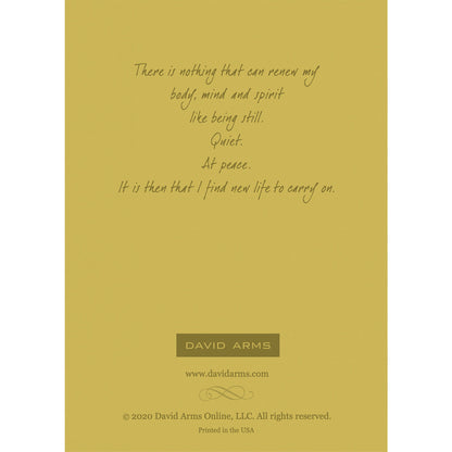 The olive green back side of the greeting card, featuring a quote from artist David Arms.