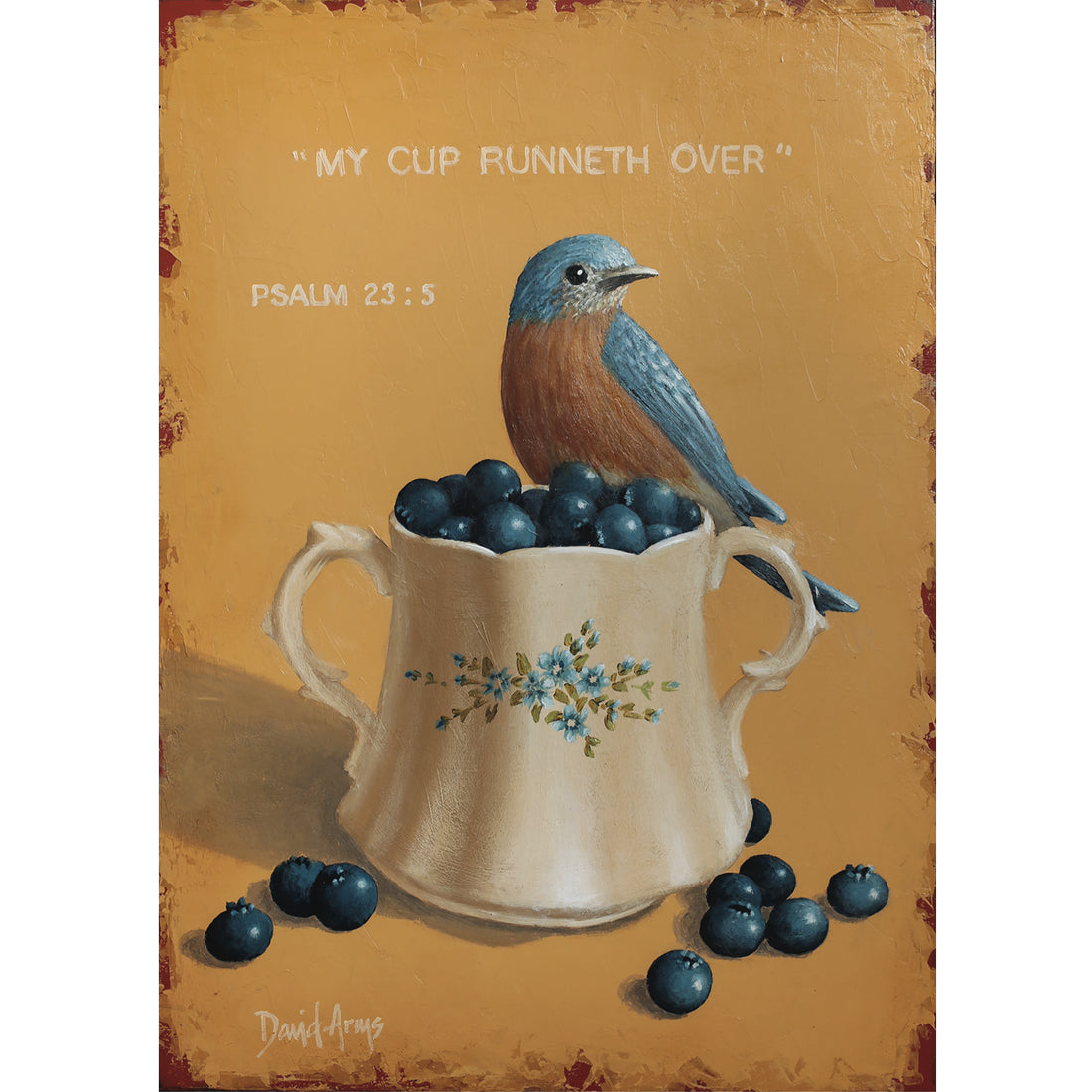 An illustration of a blue bird resting on the edge of a floral tea cup overflowing with blueberries on a tan background, with Bible quote &quot;Psalm 23:5&quot; printed in white over the bird.