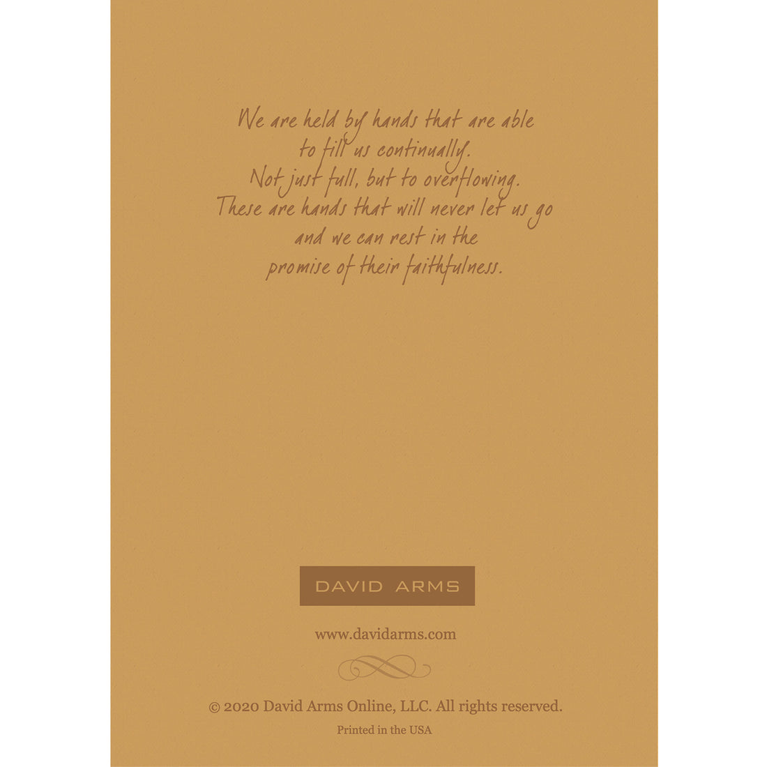 The tan back side of the greeting card, featuring a quote from artist David Arms.
