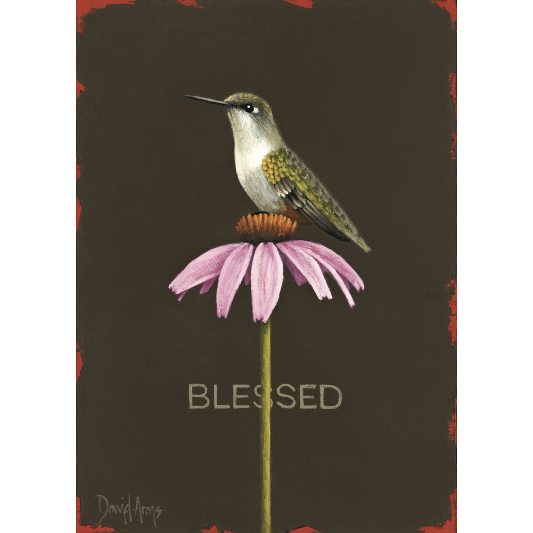 An illustration of a green and white hummingbird resting on a purple flower over a dark brown background, with &quot;BLESSED&quot; printed in light tan behind the flower.