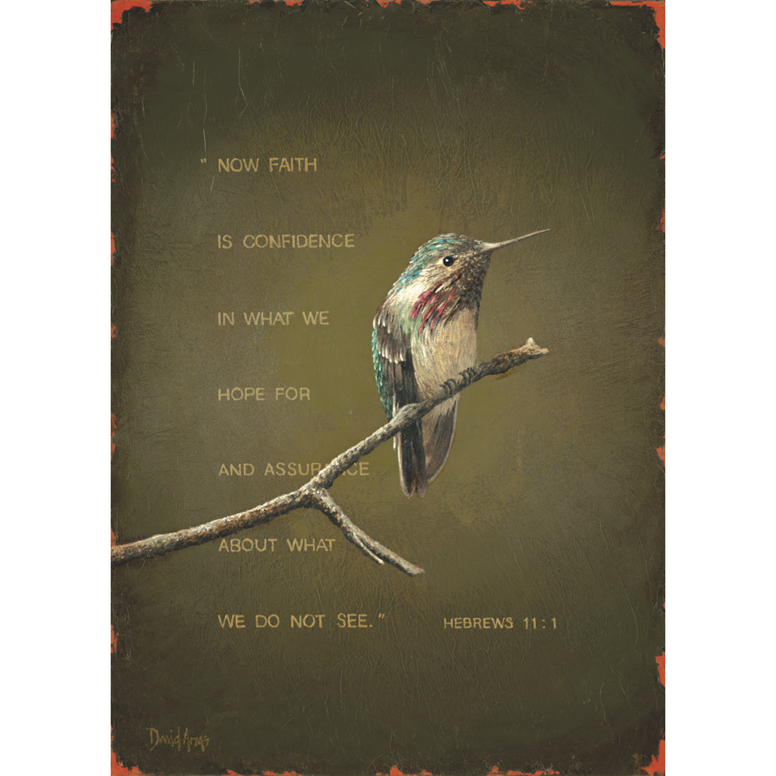 An illustration of a hummingbird resting on a twig in front of a dark neutral vignette background, with the Bible quote from &quot;Hebrews 11:1&quot; printed in yellow in the background.