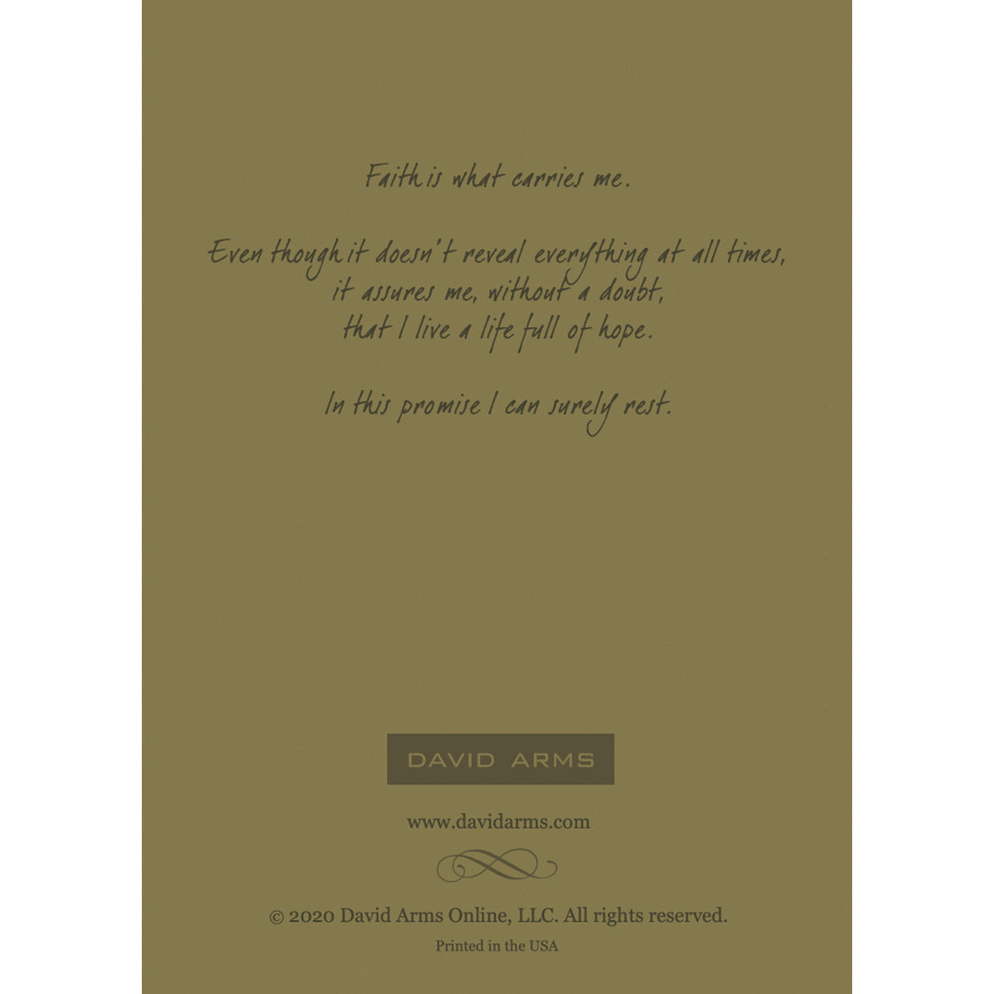 The olive-green back side of the greeting card, featuring a quote by artist David Arms.