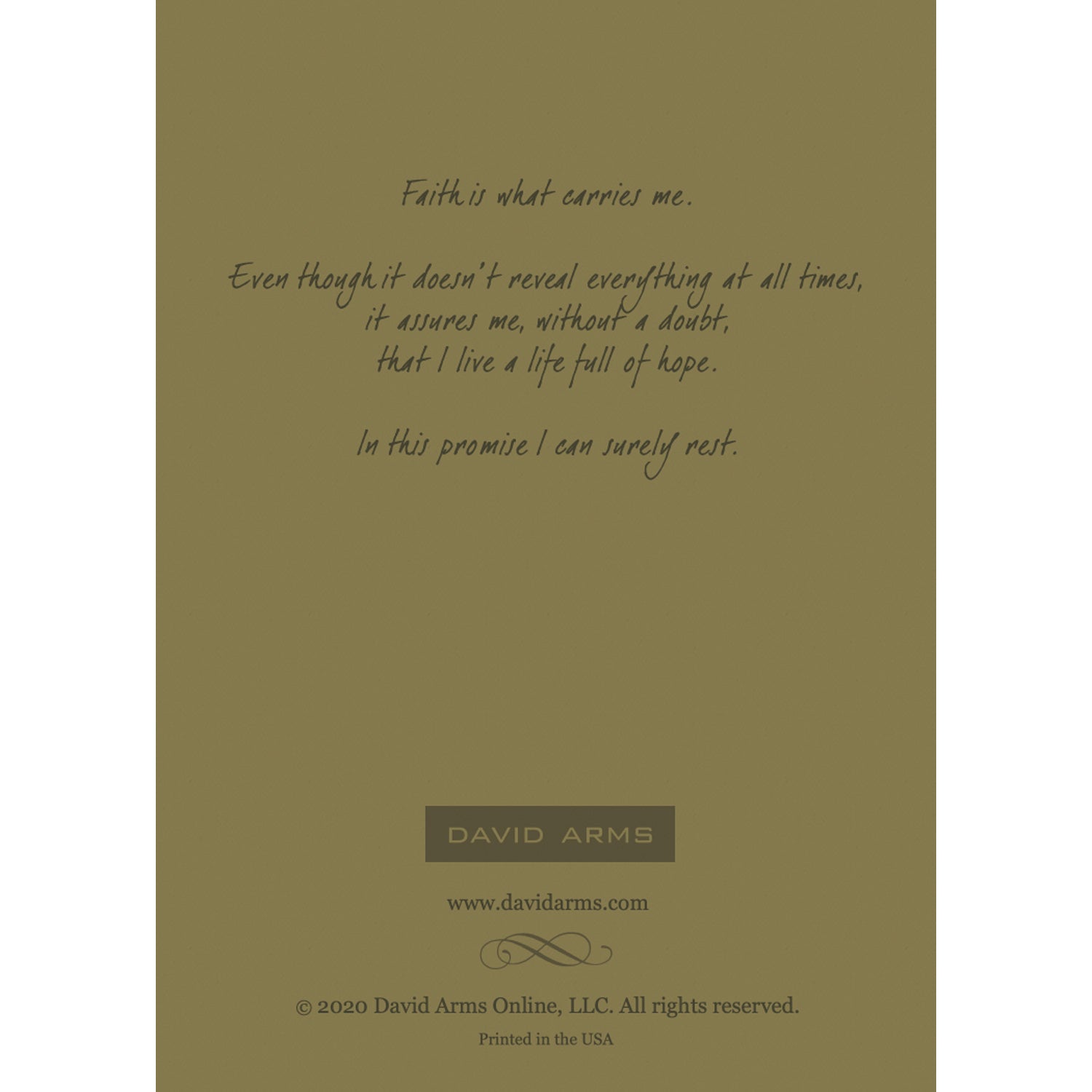 The olive-green back side of the greeting card, featuring a quote by artist David Arms.