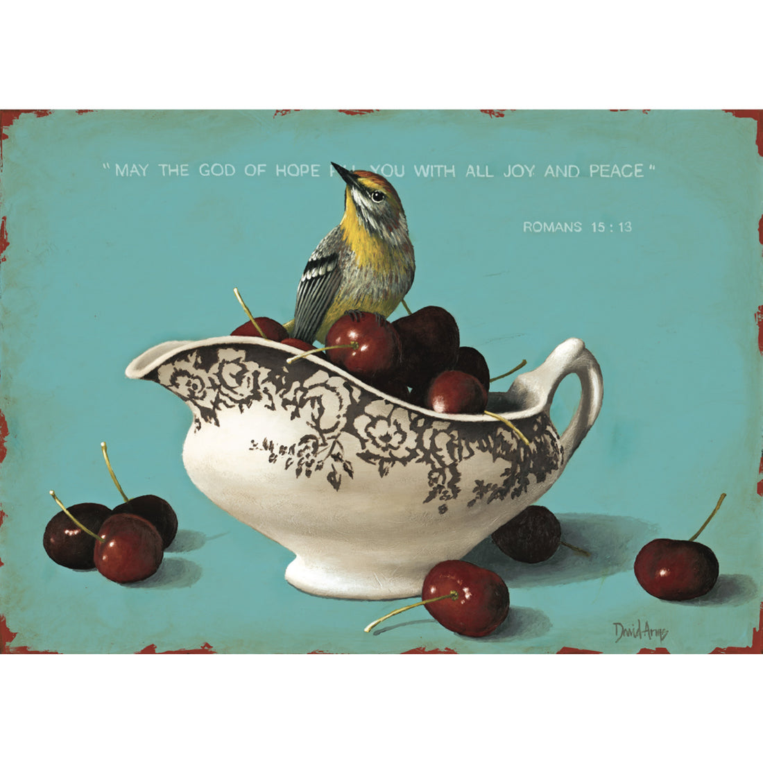 An illustration of a yellow and gray dong bird resting on the edge of an ornate dish full of deep red cherries on a teal background, with Bible quote &quot;Romans 15:13&quot; printed in white behind the bird.