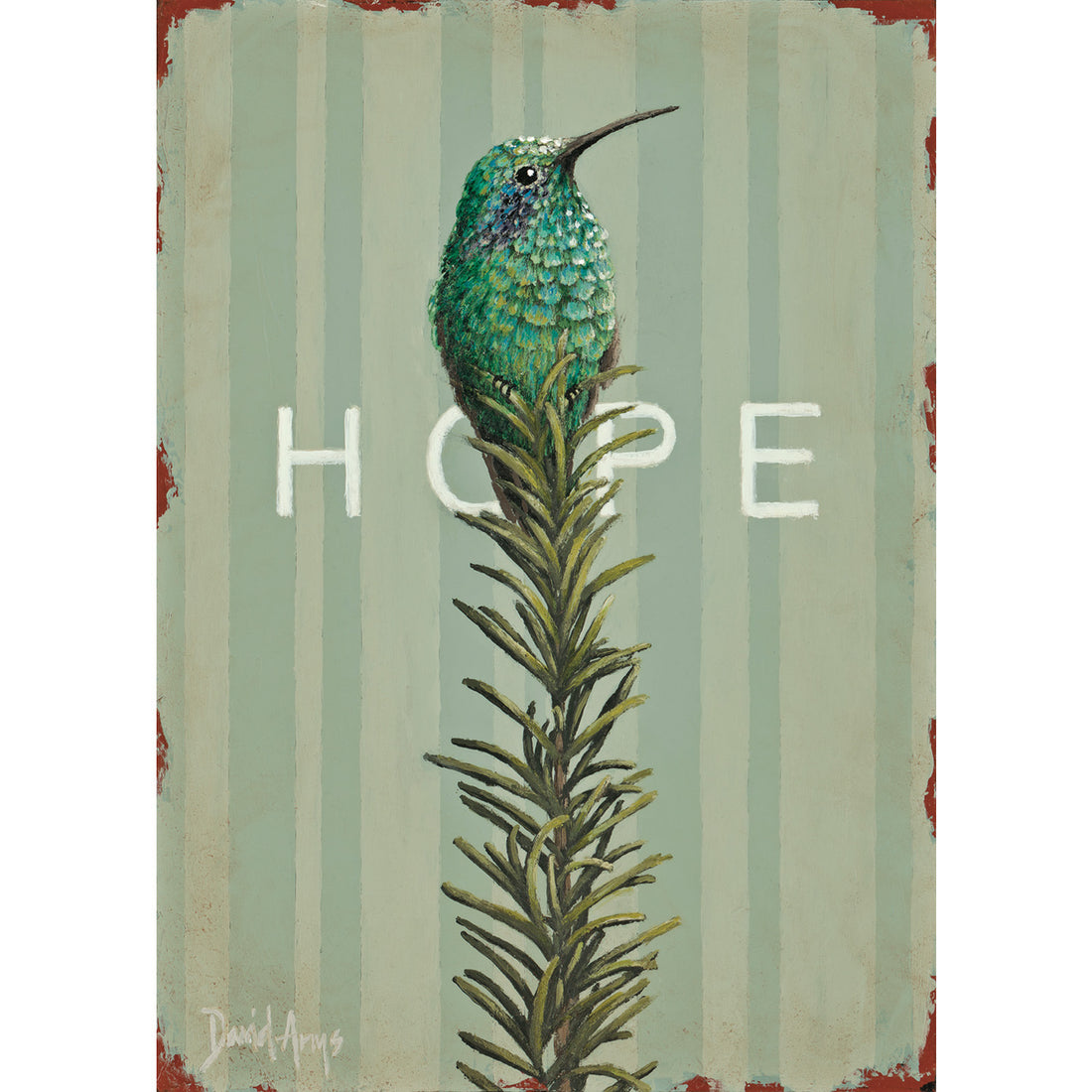 An illustration of a green hummingbird resting on top of a sprig or rosemary over a teal striped background, with &quot;HOPE&quot; printed in white behind the bird.